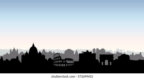 Rome city skyline. Italian urban landscape landmark silhouette. Rome urban architectural background. Cityscape with famous buildings. Travel Italy card