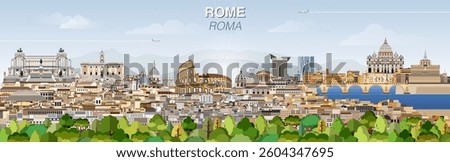 Rome city skyline on gradient beautiful day sky background. Vector illustration
