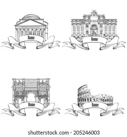 Rome city symbols sketch: Pantheon, Constantin's Arc, Fountain di Trevi, Colosseum. Travel landmarks label set.