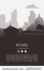 Rome city template for website, presentation, front page, invitation, publication sheet with skyline, landmarks. Vector Italy image layout, simple and grayscale