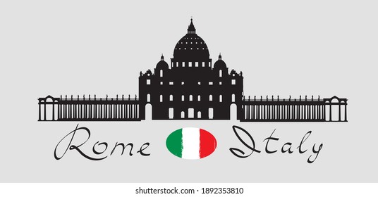 Rome city travel landmark Saint Peter Cathedral architectural facade. Italian famous place 
 building San Pietro square silhouette icon with handwritten Lettering Rome Italy.