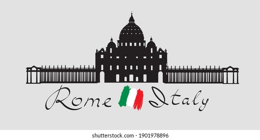 Rome city travel landmark Saint Peter Cathedral architectural facade. Italian famous place 
 building San Pietro square silhouette icon with handwritten Lettering Rome Italy.