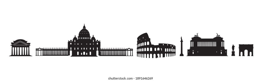 Rome city travel landmark set. Italian famous places. Architectural facade silhouettes. Building icons.