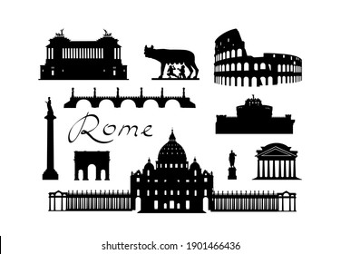 Rome city travel landmark set. Italian famous places silhouette icons. Architecture, building, arch, monument, brindge, sculpture main sightseeing tourist signs