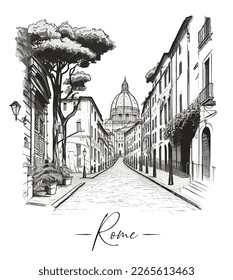 Calle de Roma con estilo de arte de sketch, paisaje delineado