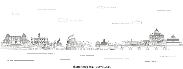 Rome cityscape line art style vector poster illustration. Travel background