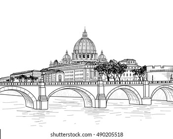 Rome cityscape with St. Peter Cathedral. Italian city famous landmark skyline. Travel Italy engraving. Rome architectural city background