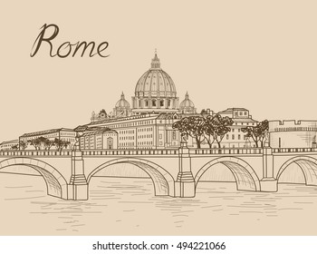 Rome cityscape with St. Peter's Basilica. Italian city famous landmark cathedral skyline. Travel Italy engraving. Rome architectural city background with lettering