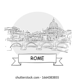 Rome Cityscape Vector Sign. Line Art Illustration with Ribbon and Title.
