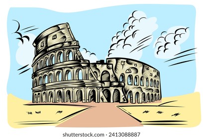 Rome coliseum hand drawn on sky background icon. vector illustration