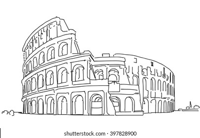 Rome Colosseum Clean Hand Dranw Sketch, Vector Outline Version 