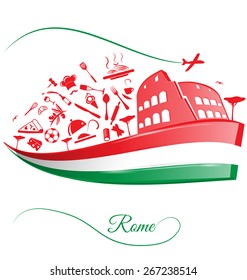 Rome colosseum with food element on italian flag