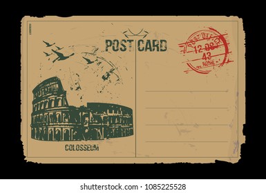 Rome, Colosseum. Italy. Post card design. Hand drawn illustration.

