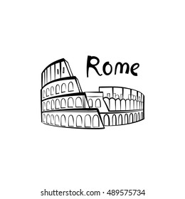 Rome Colosseum sign. Italian famous landmark Coliseum. Travel Italy label. Rome architectural icon with lettering