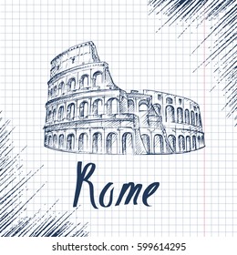 Rome Colosseum sign. Italian famous landmark Coliseum. Travel Italy label. Rome architectural icon with lettering