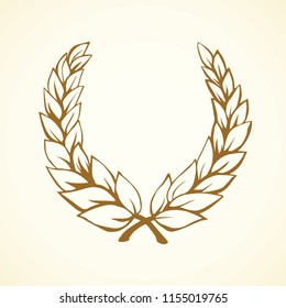 Rome contest first win coat medallion pride circle gold crown garland decor on white background. Golden color hand drawn royal glory logo in antique doodle certified graphic style with space for text
