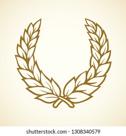 Rome contest first win coat medallion pride circle gold crown garland decor on white background for text. Golden color hand drawn royal glory logo in antique art doodle certified graphic style