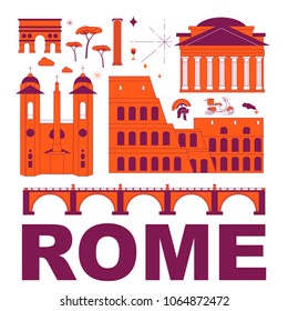 Rome culture travel set, famous architectures and specialties in flat design. Business travel and tourism concept isolated on white background. Image for presentation, banner, website, app, advert