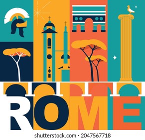 Rome culture travel set, famous architectures and specialties in flat design. Business travel and tourism concept isolated on white background. Image for presentation, banner, website, app, advert