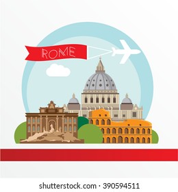 Rome detailed silhouette. Trendy vector illustration, flat style. Stylish colorful  landmarks. The concept for a web banner. The Colosseum and St. Peter's Basilica - The symbol of Italy