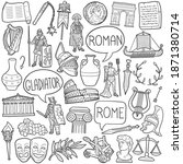 Rome doodle icon set. Roman Vector illustration collection. Ancient Culture Banner Hand drawn Line art style.