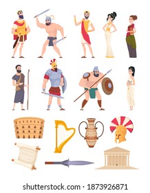 Rome elements. Cultural ancient traditional objects and architectural constructions historic characters coliseum warriors and rome citizens exact vector collection