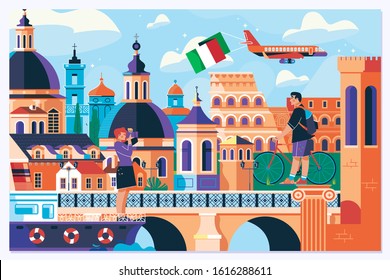 Rome Europe travel summer tourism holiday vacation background.View above downtown of Rome, Italy.Flat vector illustration