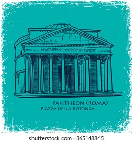 Rome famous building hand drawn vector illustration. Italian landmark Pantheon isolated sketch. print design vector background blue color