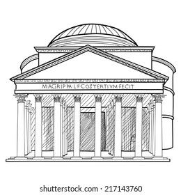 Rome famous building. Italian landmark Pantheon isolated sketch illustration.