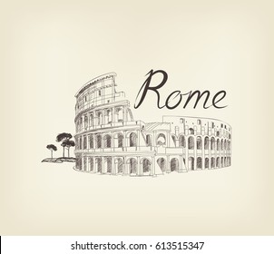 Rome famous place with lettering Travel Italy background. City landmark engraving sign