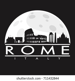 Rome Full Moon Night Skyline Silhouette Design City Vector Art Background.