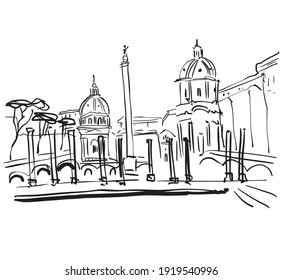 Rome. Hand Drawing. Travel Sketch. Book Illustration, Artistic Postcard, Poster