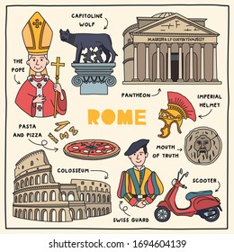 Rome. Hand drawn illustration of different landmarks and symbols. 