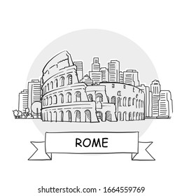 Rome Hand-Drawn Urban Vector Sign. Black Line Art Illustration with Ribbon and Title.