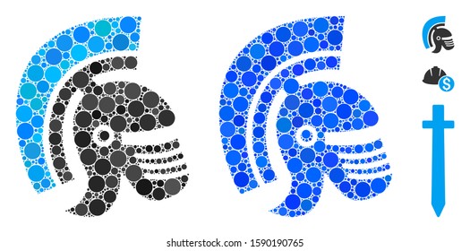 Rome helmet composition of small circles in different sizes and color hues, based on Rome helmet icon. Vector random circles are composed into blue composition.