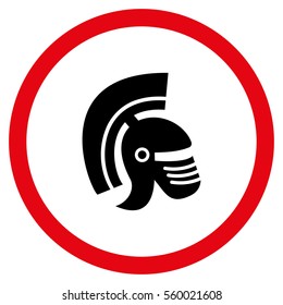 Rome Helmet vector bicolor rounded icon. Image style is a flat icon symbol inside a circle, intensive red and black colors, white background.