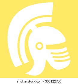 Rome Helmet vector icon. Style is flat symbol, white color, rounded angles, yellow background