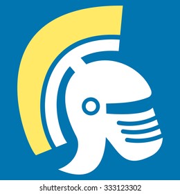 Rome Helmet vector icon. Style is bicolor flat symbol, yellow and white colors, rounded angles, blue background