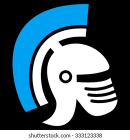 Rome Helmet vector icon. Style is bicolor flat symbol, blue and white colors, rounded angles, black background