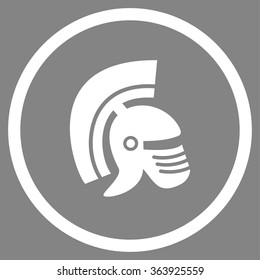 Rome Helmet vector icon. Style is flat circled symbol, white color, rounded angles, gray background.