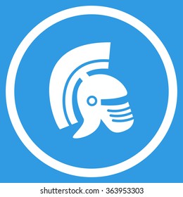 Rome Helmet vector icon. Style is flat circled symbol, white color, rounded angles, blue background.