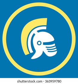 Rome Helmet vector icon. Style is bicolor flat circled symbol, yellow and white colors, rounded angles, blue background.