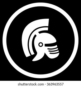 Rome Helmet vector icon. Style is flat circled symbol, white color, rounded angles, black background.