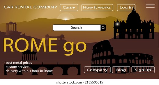 Rome historical monuments with hills . Car rental company landing page in earth colors