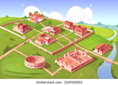 Rome isometric landscape with antique building vector cartoon game background. Capitol temple and basilica with square, roman forum, taberna and insula, castra ancient military camp, river with bridge