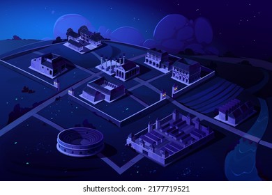 Rome isometric landscape with antique building vector night cartoon game background. Capitol temple and basilica with square, roman forum, taberna and insula, castra ancient military camp in dark