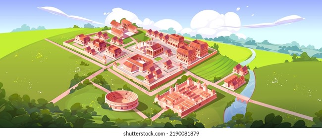 Rome Isometric Landscape With Antique City Building On Hill Vector Cartoon Game Background. Capitol Temple And Basilica With Square, Roman Forum, Taberna And Insula, Military Camp, River With Bridge