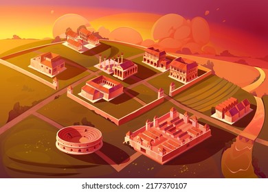 Rome isometric sunset landscape with antique building vector cartoon game background. Capitol temple and basilica with square, roman forum, taberna and insula, castra ancient military camp at sinrise
