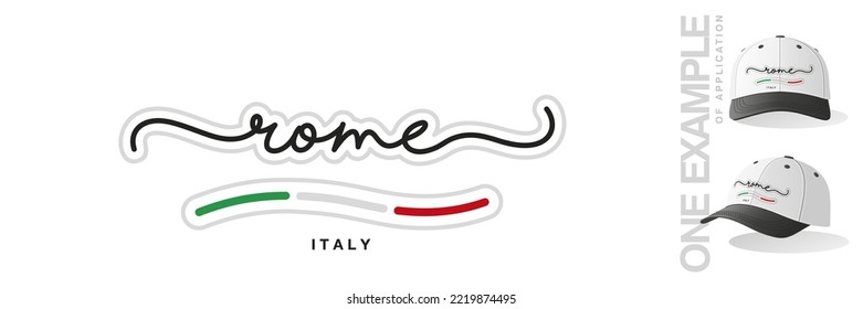 Rome Italy, abstract Italy flag ribbon, new modern handwritten typography calligraphic logo icon with example of aplication