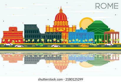 Rome Italy City Skyline with Color Buildings, Blue Sky and Reflections. Vector Illustration. Business Travel and Concept with Historic Architecture. Rome Cityscape with Landmarks.